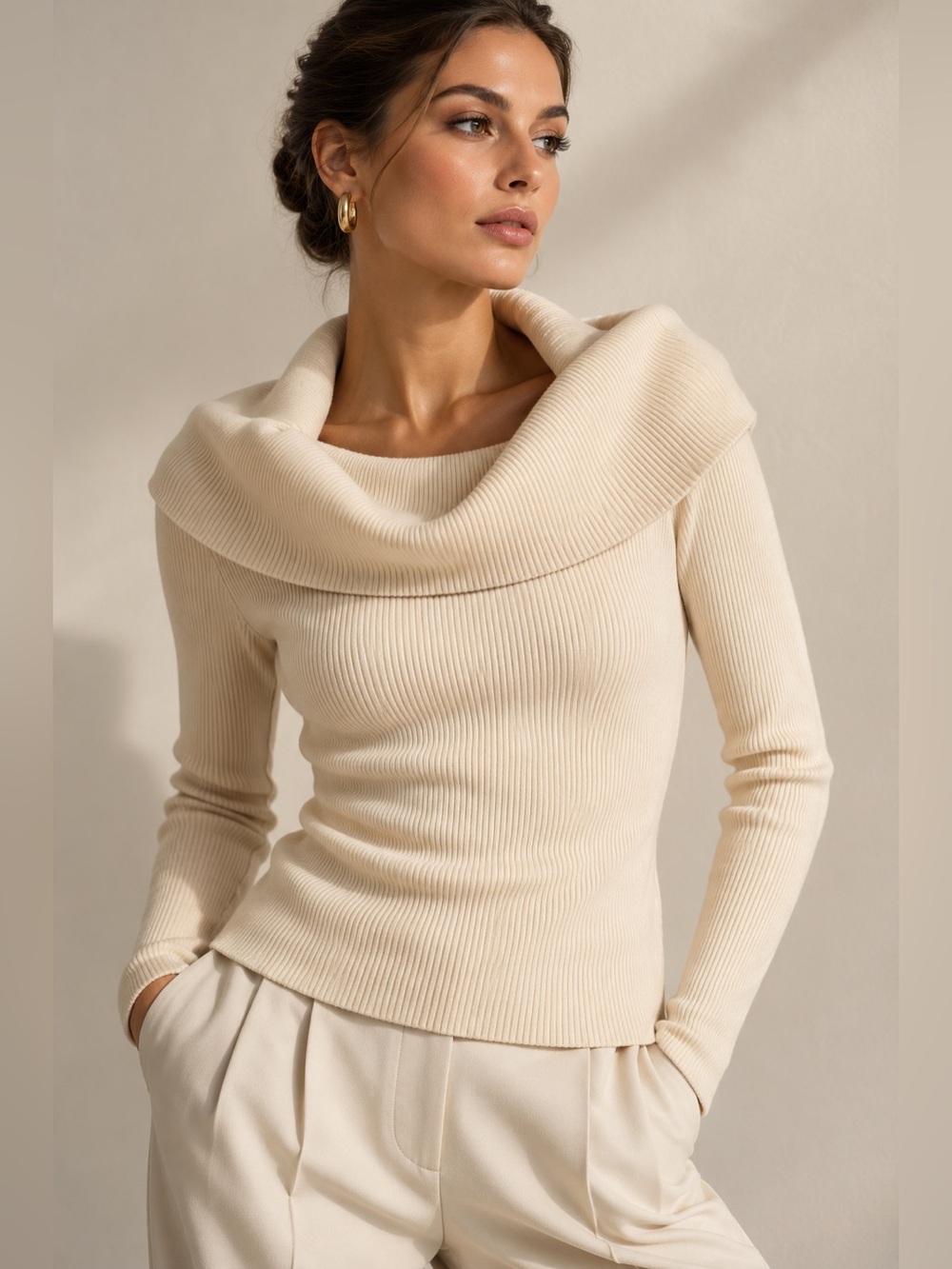 Wilfred Aritzia Cream Merino Wool Ribbed Foldover Turtleneck Sweater Size S